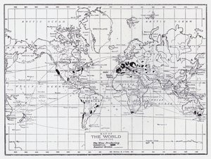 ワイン生産国を示した世界地図（リトグラフ 作： English School