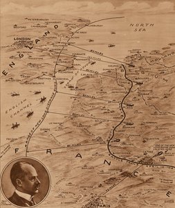 第一次世界大戦中、ドイツの大砲がイギリスに届く範囲を示した地図（リトグラフ） 作： 英語学校