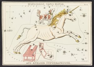 マップ C.44.A.42 一角獣。 こいぬ座。 そして「ウラニアの鏡」のアトリエ・タイポグラフィー。 または、天の眺め。 [32 枚のカードが入った箱]