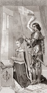 Tanskalainen Margarita ja Tanskan suojelija St. Canute, jonka takana pitelee lippua, jossa näkyy ristiretkien risti. Margaret Tanskalainen 作： English School