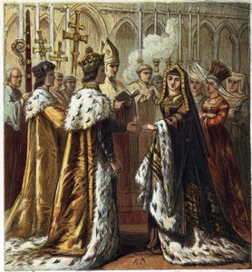 1486年1月18日、イングランド王ヘンリー7世（1457-1509）とヨークのエリザベス（1466-1503）の結婚。ヘンリー7世とヨーク家のエリザベスの結婚。1890年にジョージ・ラウトレッジ＆サンズ社から出版された「Pictures of English History」に掲載されたクロモリトグラフ。プリヴェ