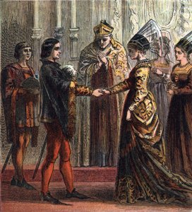 イングランド王ヘンリー5世（1387-1422）とカトリーヌ・ド・ヴァロワ（1401-1437）の結婚（1420年）。"Marriage Of Henry V," 1420年。ヘンリーは、フランス王の娘であるキャサリンと結婚しました。