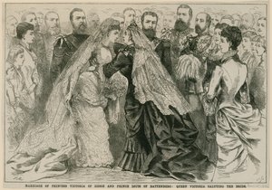 ヘッセのビクトリア王女とバッテンベルクのルイ王子の結婚、ビクトリア女王、花嫁を敬礼、1884年5月16日 作： English School
