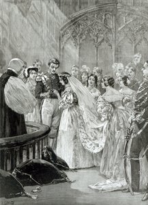 1887年に出版された1840年2月10日のセントジェームズ宮殿でのビクトリア女王（1819-1901）とアルバート王子（1819-61）の結婚 作： English School
