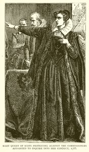 スコットランドのメアリー女王、1568年に彼女の行動を調査するよう任命された委員会に抗議 作： English School