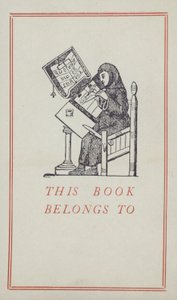 写本を書く中世の書記、蔵書ラベル（カラーリトグラフ 作： English School