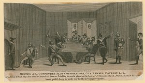 Gunpowder Plotの共謀者、Guy Fawkes、Catesbyなどの会議 作： English School