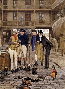 サム・ウィラーと出会うピックウィック・クラブのメンバー チャールズ・ディケンズ（1812-1870）の作品を英国流に描いたイラスト。1837年 個人蔵 作： English School
