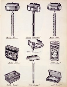 国産品および付属品の貿易カタログからの男性用シェービング器具、c.1890-1910