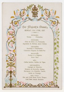 ダイヤモンドジュビリーの前日、1897年6月21日月曜日のビクトリア女王ディナーのメニュー 作： English School