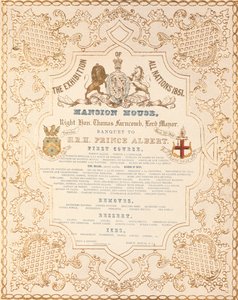 1851年ロンドンの万国博覧会を記念する、マンションハウスでのプリンスアルバートの宴会メニュー 作： English School