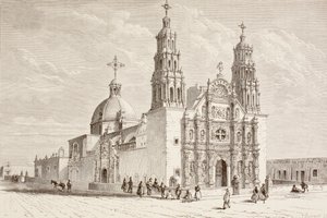 19世紀のメキシコ、チワワ、アルマス広場のメトロポリタン・カテドラル（リトグラフ）。 作： English School