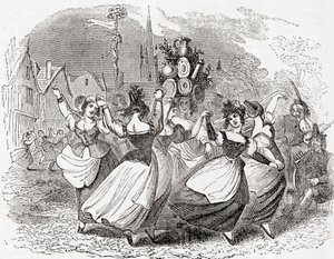 ミルクメイドの踊り、皿の山、メーデー、イギリス、オールド・イングランドより：A Pictorial Museum, pub.1847 作： English School