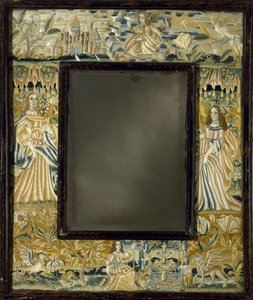 浮き彫り刺繍の鏡 1650～1700年頃（ビーズ、メタリック・パール、レース、絹、麻、木、ガラス 作： English School