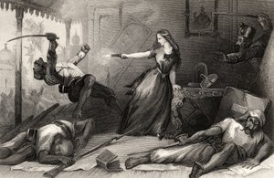 1858年に出版された「インディアン反乱の歴史」（彫刻）から、1857年にコーポーアでセポイから身を守るウィーラー嬢
