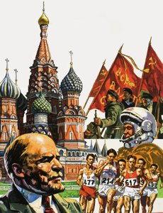 聖バジル大聖堂とレーニンの肖像画を含むロシアのモンタージュ 作： English School