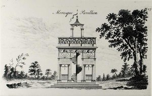 ムーア人のパビリオン（ウィリアム・ライト著『グロテスクな建築、または農村の娯楽』より）（1767年発行の彫刻）（白黒写真 作： English School