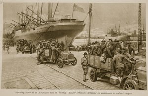 フランスのアメリカの港での朝のシーン：貨物を降ろすために自動車に到着した兵士の労働者、1914年〜19年 作： English School