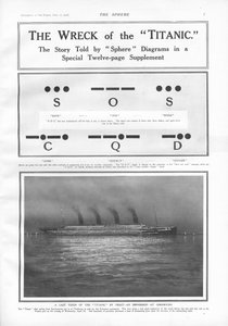 1912年4月27日、スフィアからモールス信号の信号とシェルブールに夜間停泊する蒸気船のイラスト 作： English School