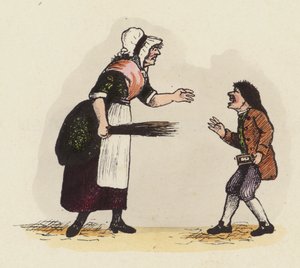 角笛の本を持った少年を叱る母親（スクールダム）（彩色彫刻 作： English School