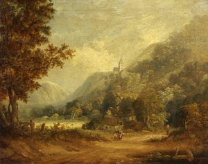教会と農場のある山の風景（油彩・キャンバス 作： English School