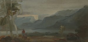 以前はJMWターナー（1775-1851）に帰属し、ピータードウィント（1784-1849）、1806-07（紙に油彩）に帰属する、人物と牛のいる山岳風景 作： English School