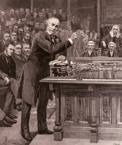 グラッドストーン氏、1886年4月17日の「イラストレイテッドロンドンニュース」より、下院にアイルランド政府のための計画を説明 作： English School