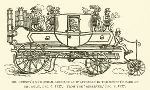 1827年12月6日（木）にリージェンツ・パークに登場したガーニー氏の新しい蒸気馬車（1827年12月9日付オブザーバー紙より）（彫刻 作： English School