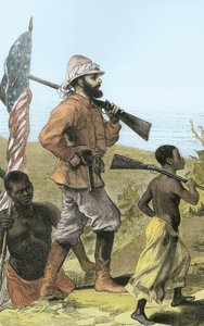 ヘンリー・モートン・スタンレー（1841-1904）タンガニーカ湖に近づく（後の着色） 作： English School
