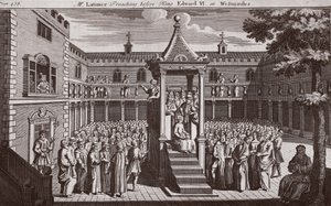 ウェストミンスターでエドワード6世王の前で説教をしているラティマー氏、Foxes Martyrs c.1703のイラスト 作： English School