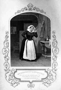 ウィリアム・シェイクスピア（1564-1616）の『ウィンザーの陽気な女房たち』第2幕第2場のクイックリー夫人役のウィンスタンリー夫人 J.P.メイオール（1810-1901（彫刻））のダゲレオタイプからジョージ・ホリス（1792-1842）がエングレーヴィングしたもの。 作： English School