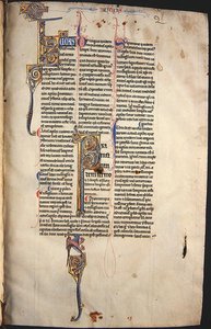 Ms.27, f.1r: 新約聖書の注釈付きコピーのページ（ベラム製） 作： English School