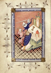 Ms.49 f.18vセントトーマスオブカンタベリー（c.1118-70）、2人の騎士、ホラエ、c.1420-30に襲われた 作： English School