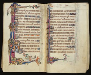 Ms 1-2005、ff.122v-123r：Macclesfield Psalterによるグロテスクな縁飾り、イーストアングリアの使用、1330年頃 作： English School
