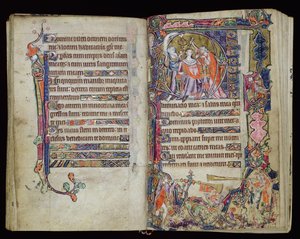 Ms 1-2005、ff.38v-39r：ダビデの油注ぎ、Macclesfield Psalterからの歴史的Dイニシャル、イーストアングリアの使用、1330年頃 作： English School