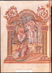 Ms 274（Y-6）fol.36vジュミエージュのロバートのミサからのマギ訪問王ヘロデ、c.1016 作： English School