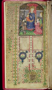 Ms 41-1950、f.2v：マーガレット・ボーシャンに属する時間の書からの献辞ページ、c.1424 作： English School