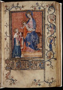 Ms 48, f.86r:聖母子に祈りを捧げる写本の所有者、『カリュー・ポインツの時祷』より、サルムの使用、1390年から1400年頃（ヴェラム製 作： English School