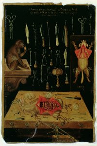 ハンターさん 364 表 I ジョン・バニスター (1540-1610) による解剖表の解剖器具 (茶色の紙に油彩) 作： English School