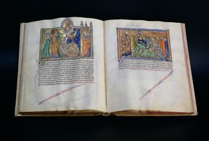 Ms LA 139-Lisboa fol.37v-38 Gulbenkian Apocalypse、c.1265-70からの獣の冒涜の神の名前、および3番目と2番目の獣を崇拝する人々