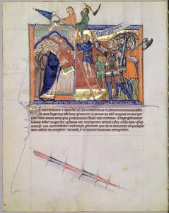 Ms LA 139-リスボアfol.66グルベンキアンの黙示録、c.1265-70から、信者を攻撃する人々に対して軍を率いる神の戦士
