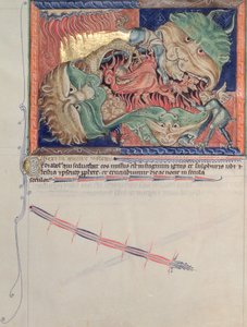 Ms LA 139-Lisboa fol.71グルベンキアンの黙示録からの赤いドラゴン、海の獣、地球の獣を飲み込んだ地獄の顎、1265-70年頃 作： English School