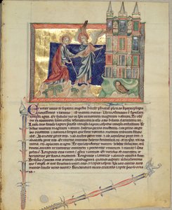 Ms LA 139-Lisboa fol.74新しいエルサレムを伝道者の聖ヨハネに見せた天使、グベンキアンの黙示録、c.1265-70 作： English School