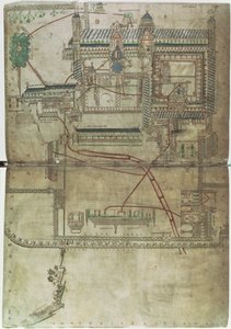 Ms R 171 f.285 カンタベリー大聖堂と配管システムの平面図、「Eadwine Psalter」、c.1150 (ベラム) 作： English School