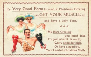 筋肉男がFlooziesの肩、クリスマスカードを運ぶ
