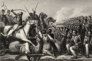 1857年に発行された「インディアン反乱の歴史」からの1857年のカウンポアの戦いで歩兵広場を攻撃する反逆騎兵 作： English School