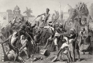 1858年に出版された「インディアン反乱の歴史」からの戦利品を分割する反抗的なセポイ 作： English School