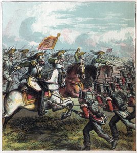 ナポレオン戦争：1815年6月18日のワーテルローの戦い。ナポレオン1世のフランス騎兵隊がイギリス軍に突撃し、フランス軍の敗北によりナポレオン1世の帝国は終焉を迎えたワーテルローの戦い。 作： English School