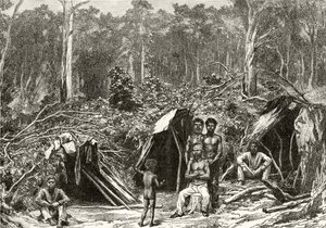 ハワードウィロビー著「オーストラリアの写真」からのネイティブアボリジニー野営地、1880年頃、ロンドン宗教宗教協会発行、1886年 作： English School