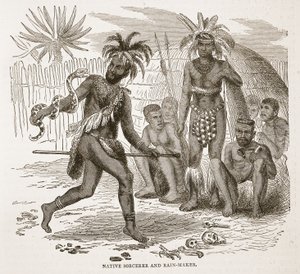 ネイティブソーサラーとレインメーカー、J。ユーイングリッチーのパブリッシュによる「Pictorial Edition of the Life and Discoveries of David Livingstone」のイラストA. Fullarton＆Co.、1876年 作： English School